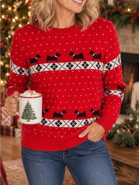Charter Club Scottie Dog Sweater Womens M Red Fair Isle Argyle Christmas Holiday